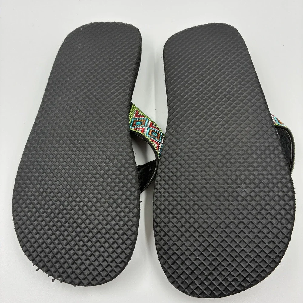 Jellypop Women's Flip Flops Size 9M Embellished Rhinestone Beaded Straps Black‎